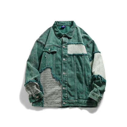 Unisex Patchwork Denim Jacket with Knitted Inserts and Frayed Edges EVA-US