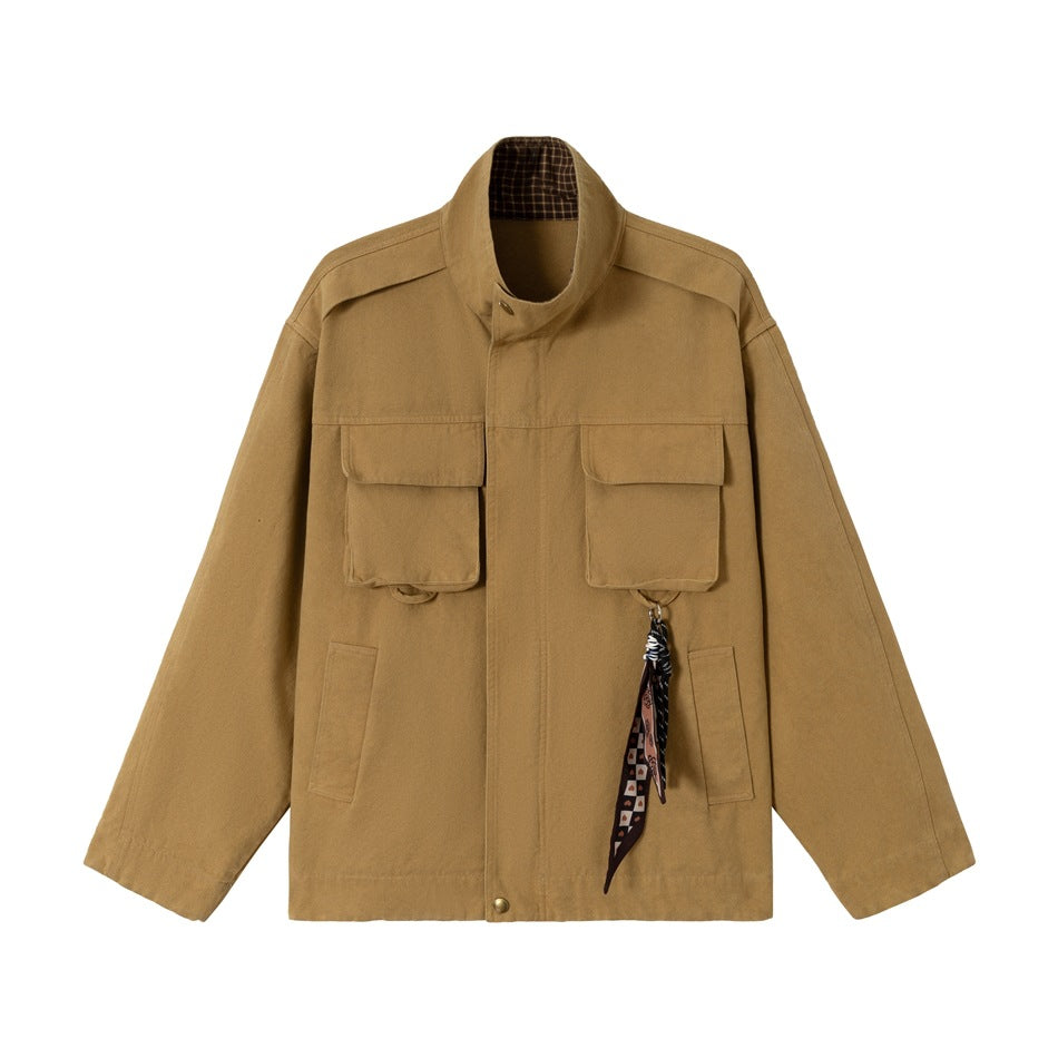 Men's short-cut rugged field jacket made of cotton canvas with stand-up collar and patch pockets EVA-US