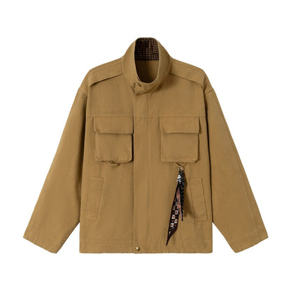 Men's short-cut rugged field jacket made of cotton canvas with stand-up collar and patch pockets EVA-US