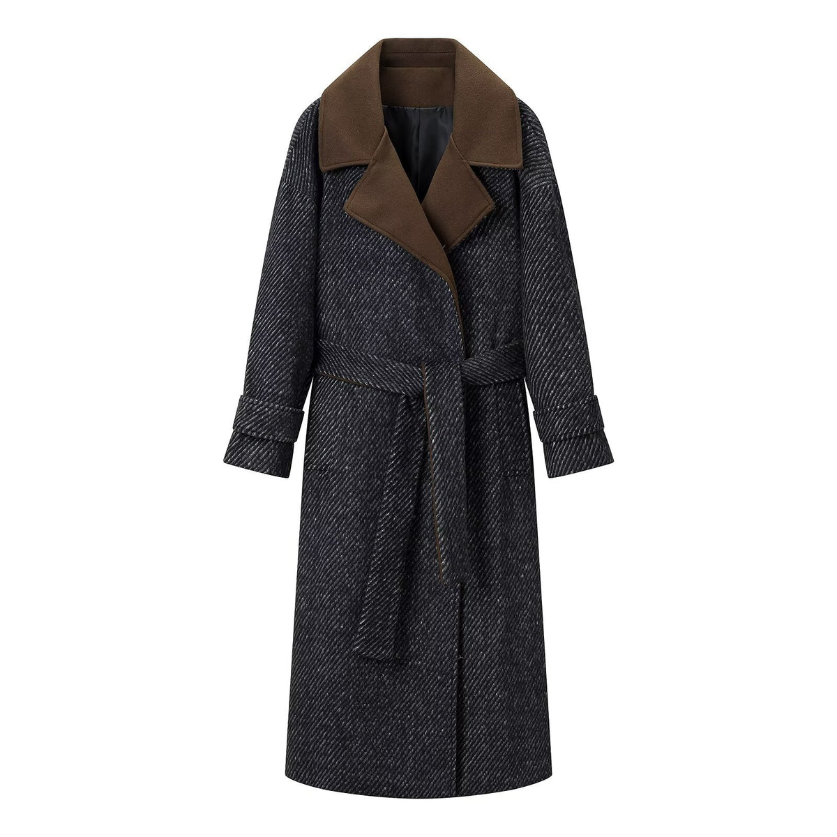 Women Long Wool Herringbone Coat with Tie Belt and Large Notched Collar EVA-US