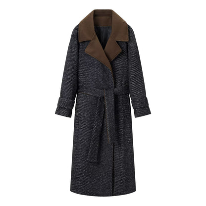 Women Long Wool Herringbone Coat with Tie Belt and Large Notched Collar EVA-US