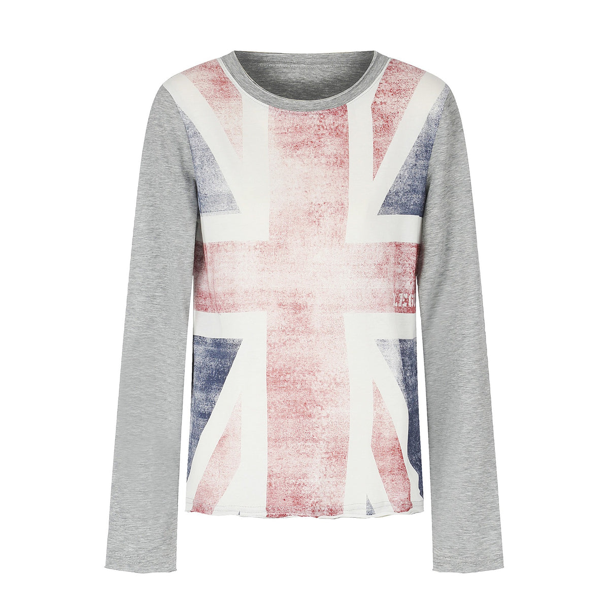 Women’s Crew Neck Long Sleeve made of Cotton Blend with Vintage Union Jack Print and Contrast Sleeves EVA-US