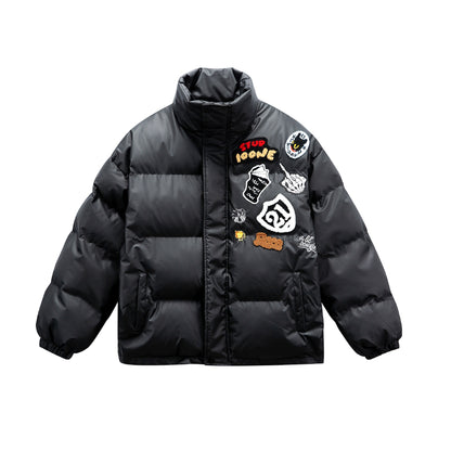 Unisex Boxy padded oversized puffer jacket with stand-up collar and statement patch details EVA-US