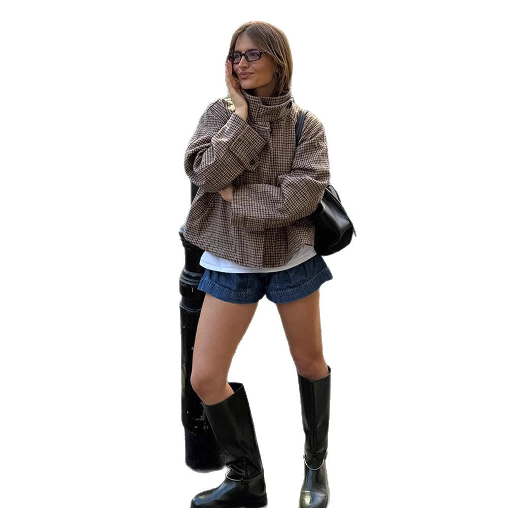 Women's short jacket in checkered bomber style with high stand-up collar and flap pockets EVA-US