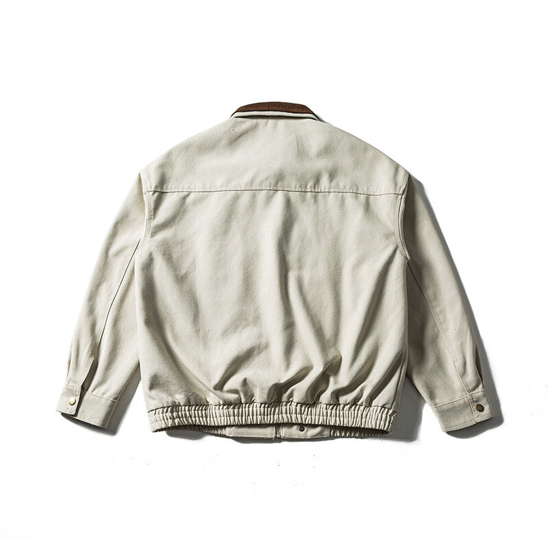 Men's Boxy Canvas Blouson Jacket with Cord Collar, Zipper Chest Pockets and Elastic Hem EVA-US