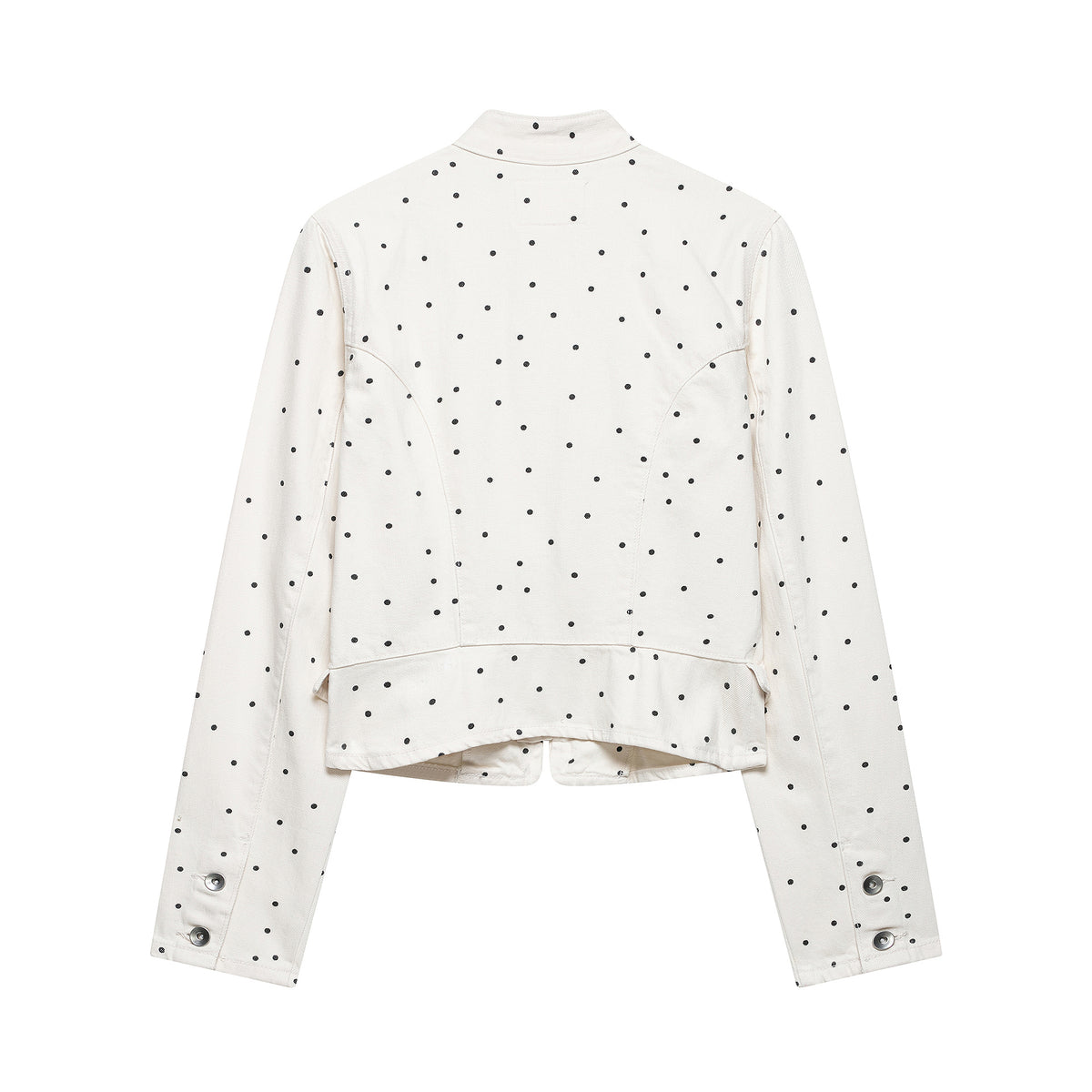 Women's Polka Dot Cropped Denim Jacket with Stand-up Collar, Zipper and Flap Pockets EVA-US