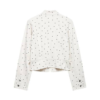 Women's Polka Dot Cropped Denim Jacket with Stand-up Collar, Zipper and Flap Pockets EVA-US