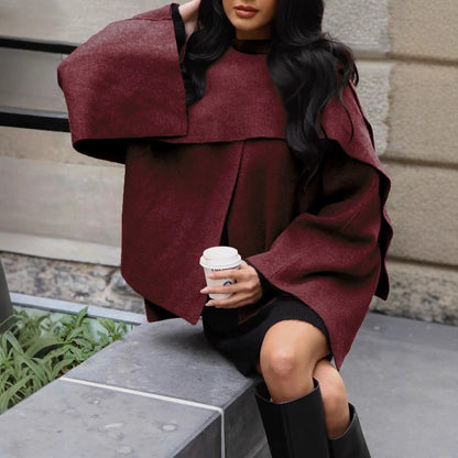 Women's Short Cape Jacket in Layered Look made of Wool Blend with Wide Batwing Sleeve EVA-US