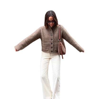 Women's short jacket made of fluffy mohair mix with button placket & patch pockets EVA-US