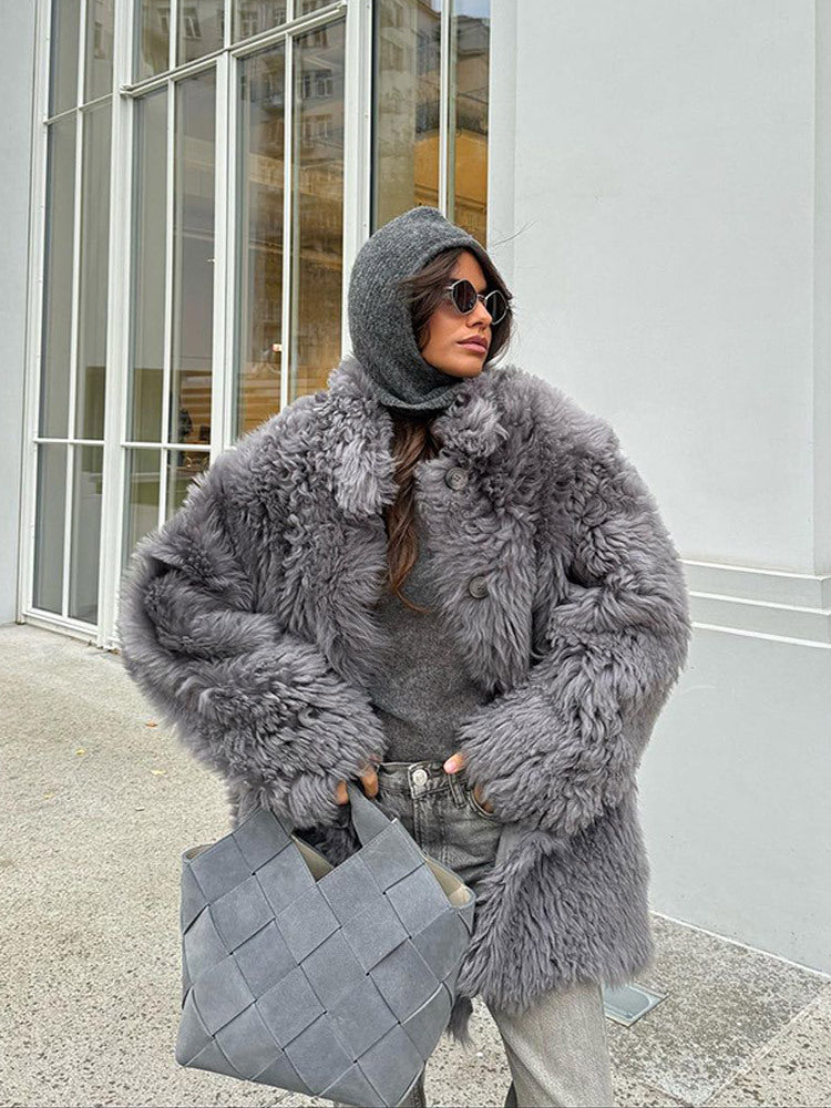 Women's Short Oversize Faux Fur Coat with Voluminous Curly Texture and Button Closure EVA-US