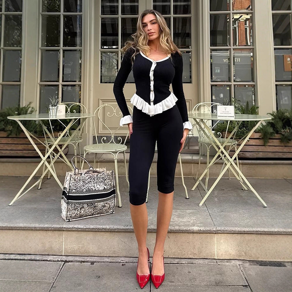 Ladies Ribbed Cardigan with Ruffle Hem, Decorative Buttons and Ruffle Cuffs EVA-US