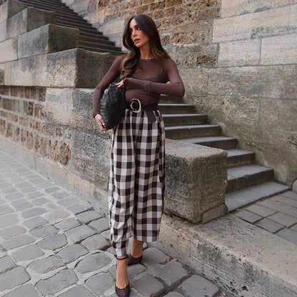 Women's Check High-Waisted Palazzo Pants with Wide Leg & Pleats EVA-US