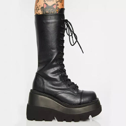 Women High-Quality Lace-Up Boots with Platform Heel and Side Zipper