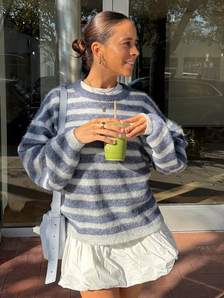 Women Striped Mohair Mix Oversize Sweater with Balloon Sleeves EVA-US
