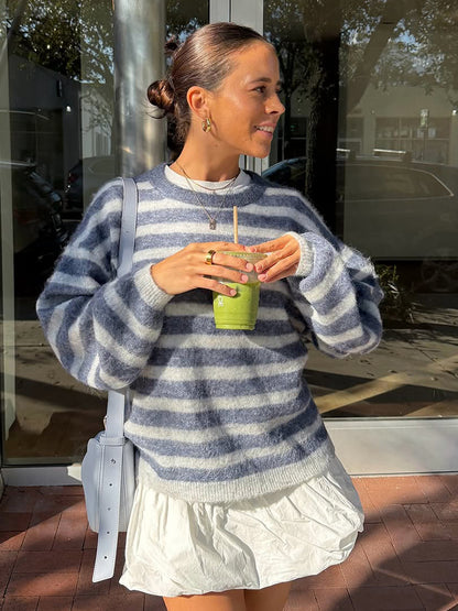 Women Striped Mohair Mix Oversize Sweater with Balloon Sleeves EVA-US