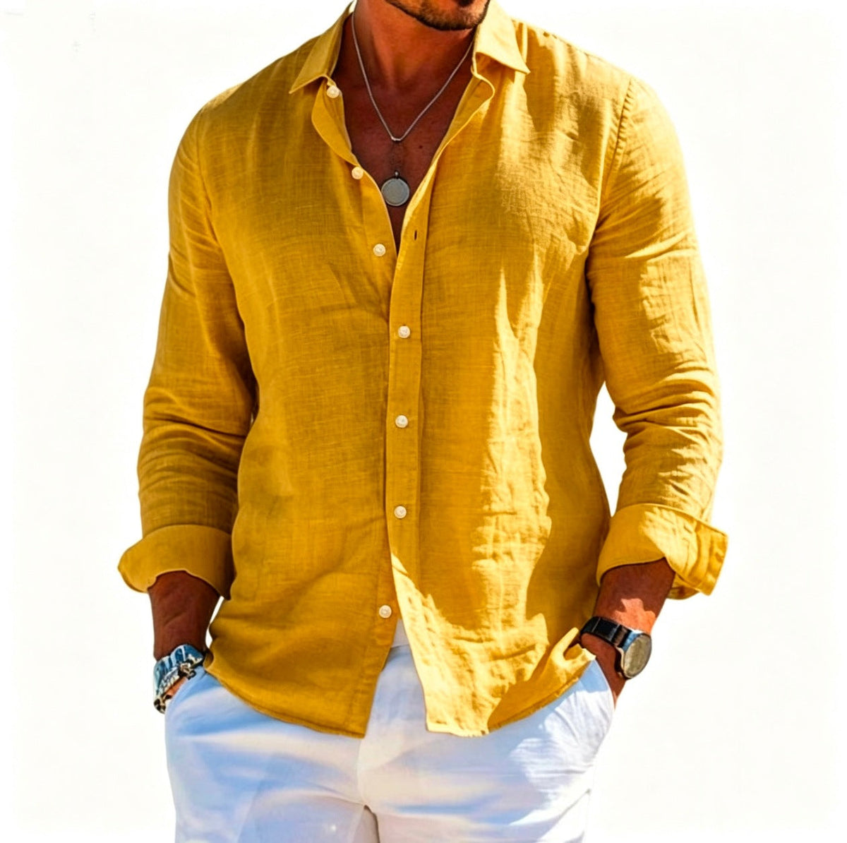 Men's textured linen shirt with open collar, lightweight texture, and casual-tailored fit EVA-US