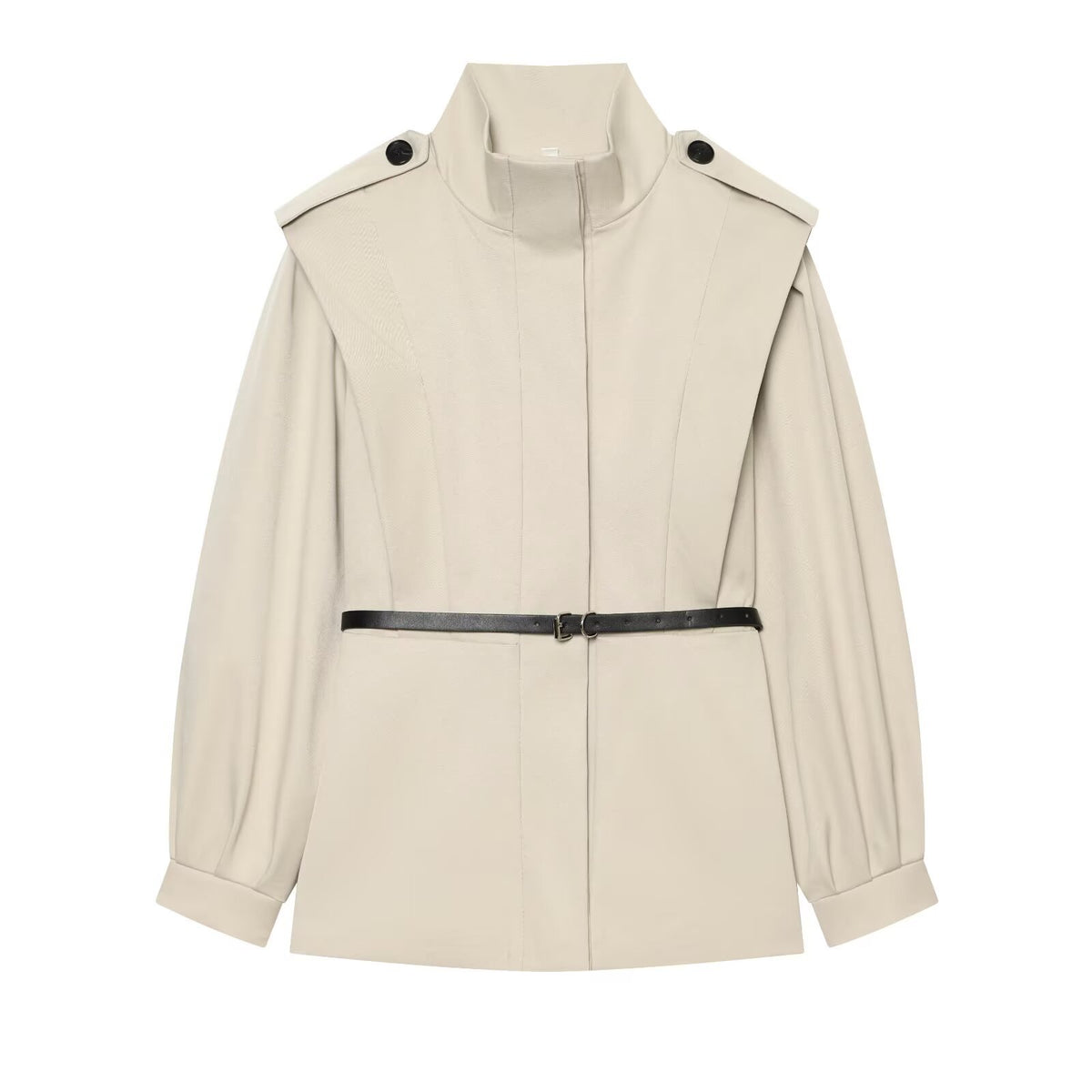 Women Short Cape Trench with High Funnel Collar and Waist Belt EVA-US