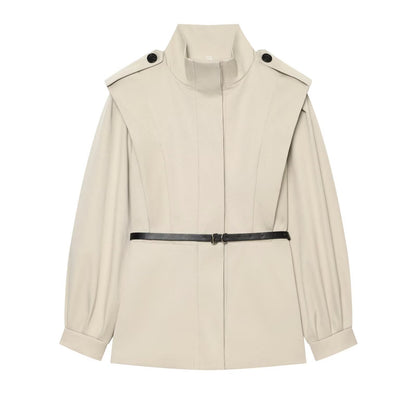 Women Short Cape Trench with High Funnel Collar and Waist Belt EVA-US