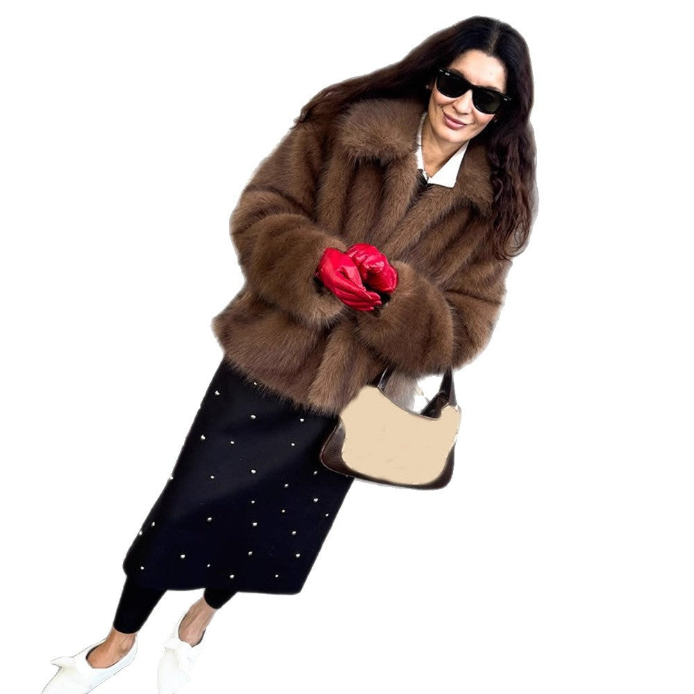 Women's Short Cut Voluminous Faux Fur Coat with Wide Shawl Collar EVA-US
