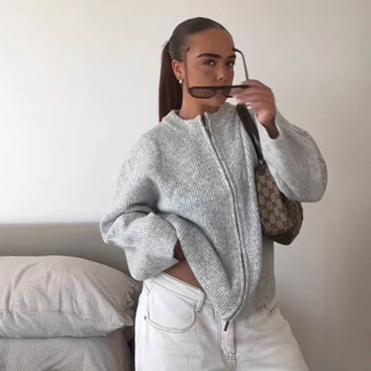 Women Chunky Knit Zipper Cardigan with Oversized Cut EVA-US