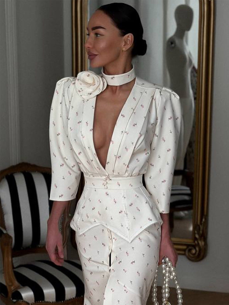 Women tailored pantsuit set with deep V-neck, structured peplum waist, and fine floral jacquard EVA-US