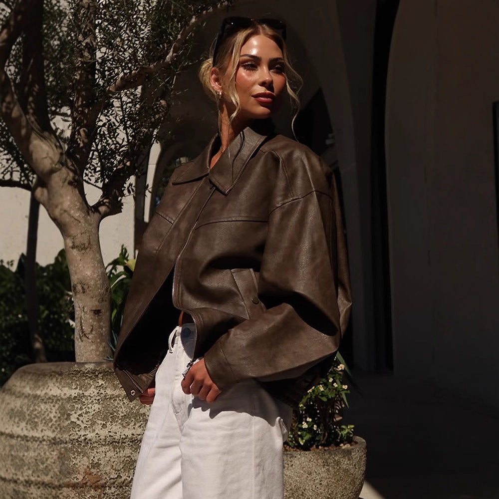 Women Boxy Cropped Faux Leather Blouson with Oversized Shoulder EVA-US