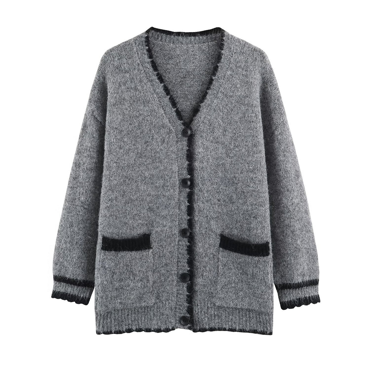 Women's Oversize Knit Cardigan with V-Neck, Button Placket and Contrasting Decorative Edges EVA-US