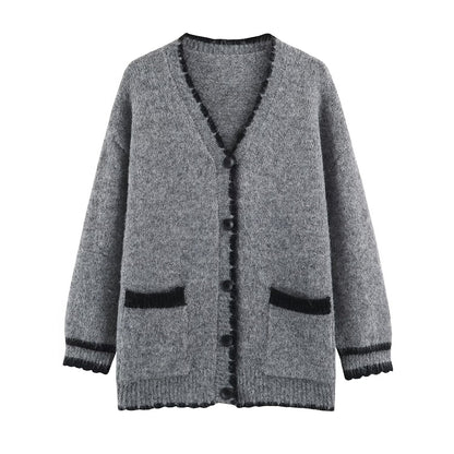 Women's Oversize Knit Cardigan with V-Neck, Button Placket and Contrasting Decorative Edges EVA-US
