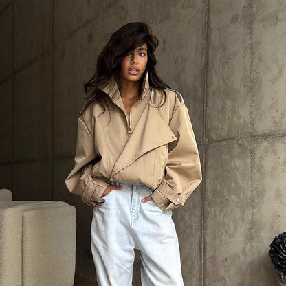 Women's short jacket in oversized look with wide lapels and drawstring waist EVA-US