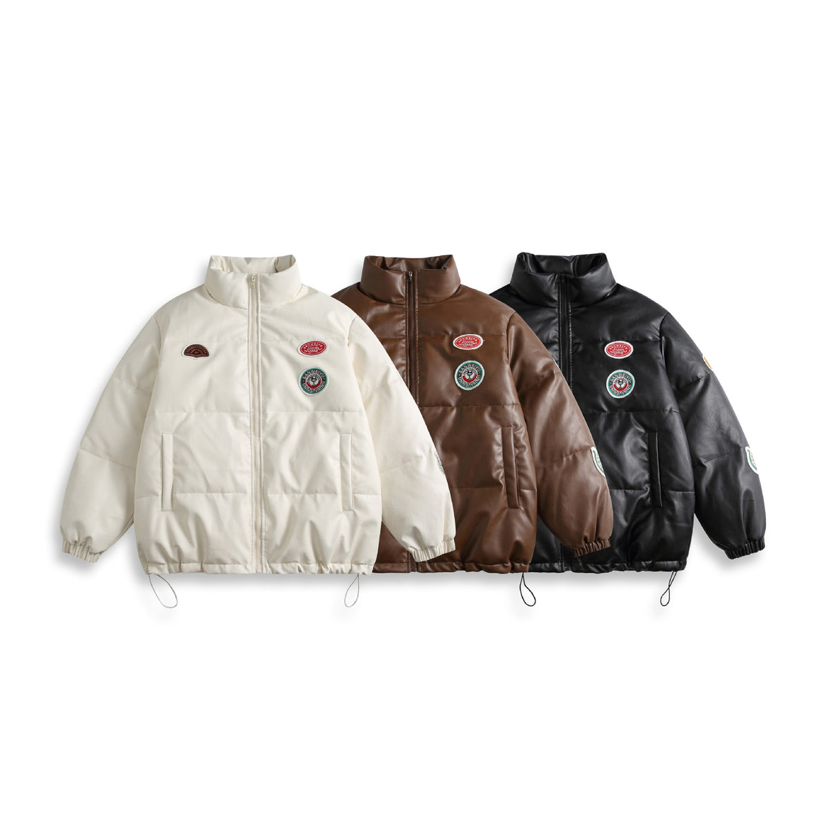 Unisex Short Cut Padded Faux Leather Puffer with High Standing Collar and Badge Details EVA-US