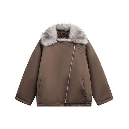 Women's Padded Short Parka with Faux Fur Collar and Asymmetrical Zipper