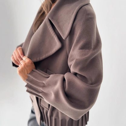 Women's Short Boxy Wool Coat with Oversized Shawl Collar, Double Button Placket and Ribbed Cuff EVA-US