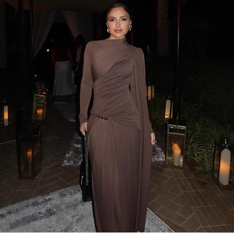 Women's fitted evening dress with asymmetric draping, gathered bodice, and long draped bow EVA-US