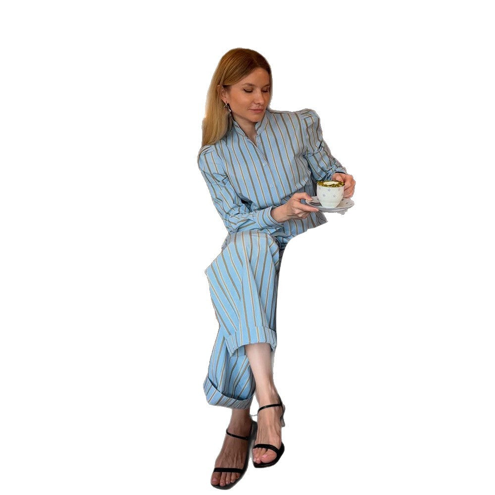Women's Striped Loungewear Two-Piece Set with Tailored Shirt Blouse and Wide Leg Trousers EVA-US