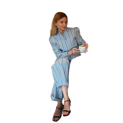 Women's Striped Loungewear Two-Piece Set with Tailored Shirt Blouse and Wide Leg Trousers EVA-US