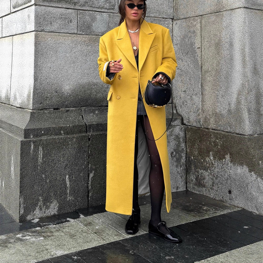 Women Oversized Wool Coat with Lapel Collar and Patch Pockets EVA-US
