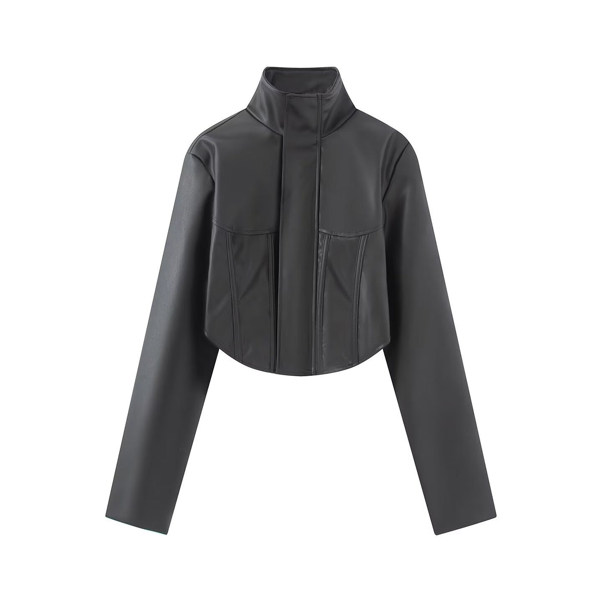 Ladies Cropped Leather-look Jacket with Tailored Corset Division and Standing Collar EVA-US