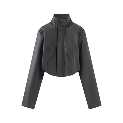 Ladies Cropped Leather-look Jacket with Tailored Corset Division and Standing Collar EVA-US