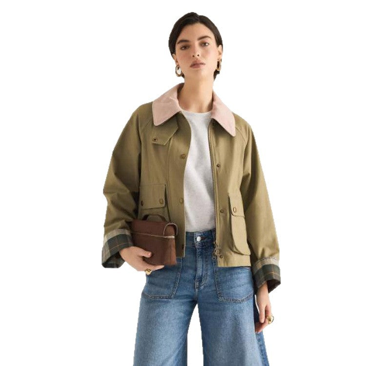 Women's transitional jacket with corduroy collar, checkered inner cuffs, and patch pockets EVA-US
