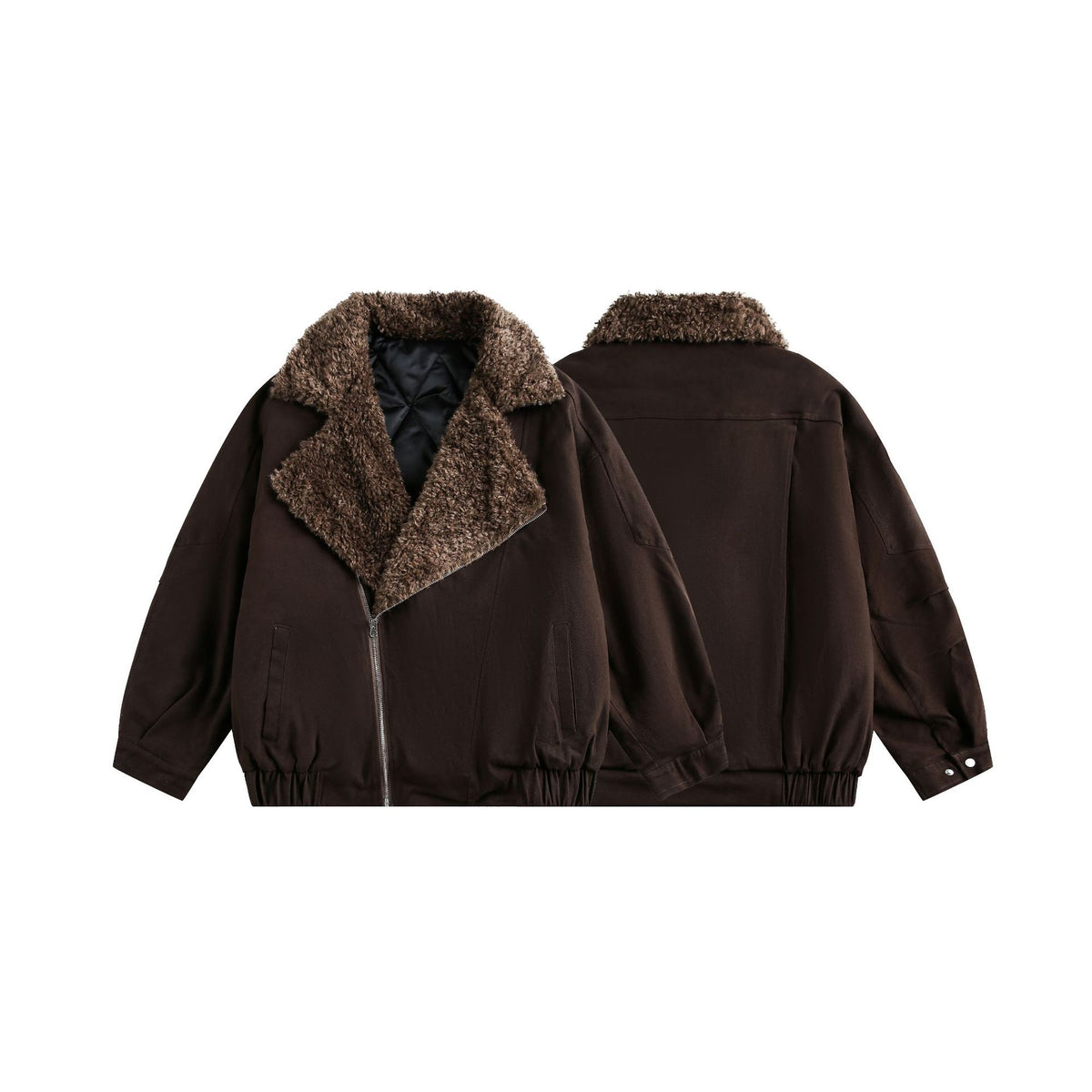 Men's short pilot-style jacket with generous teddy fur collar and elastic waistband.
