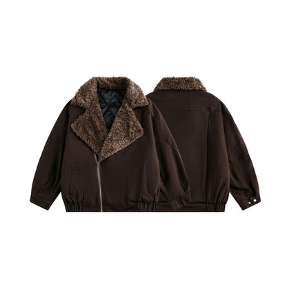 Men's short pilot-style jacket with generous teddy fur collar and elastic waistband.