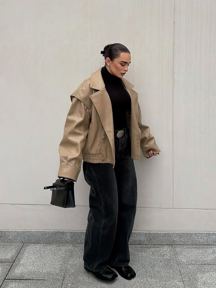 Women's Oversized Faux Leather Bomber Jacket with Boxy Cut and Wide Lapels EVA-US
