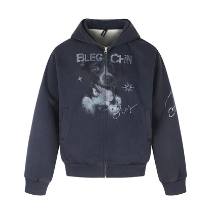 Unisex Short Cut Hooded Zip Jacket with Graphic Dog Print and Ribbed Hem EVA-US