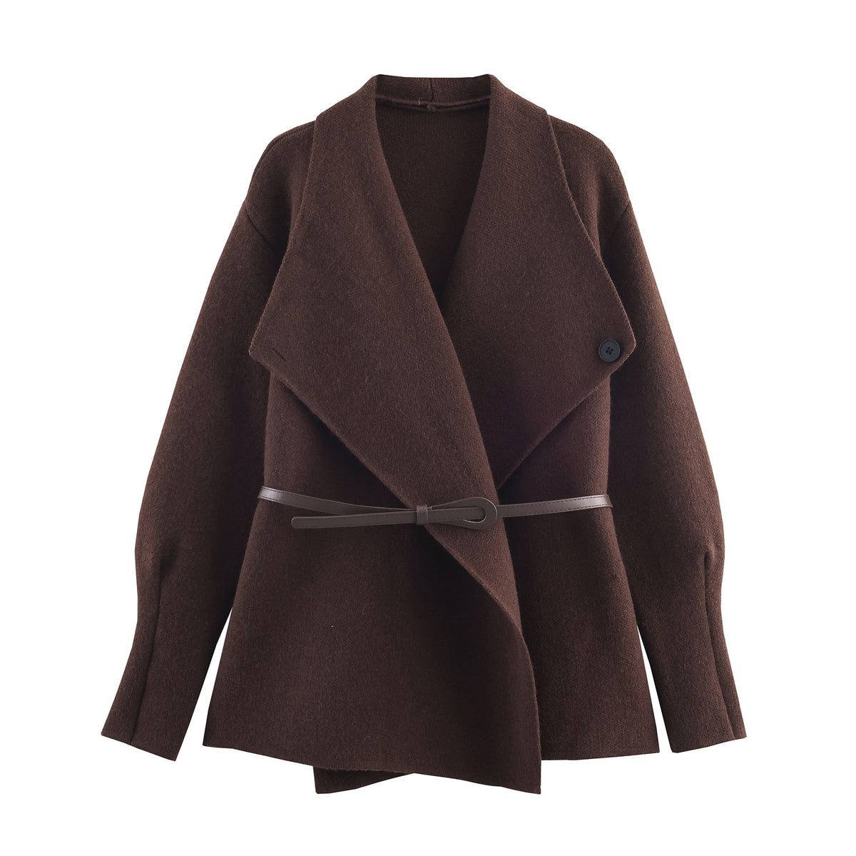 Women's Short Cut Wool Blend Cardigan Coat with Wide Shawl Collar and Narrow Tie Belt EVA-US