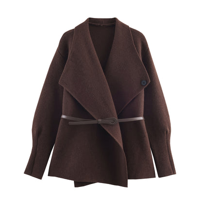 Women's Short Cut Wool Blend Cardigan Coat with Wide Shawl Collar and Narrow Tie Belt EVA-US