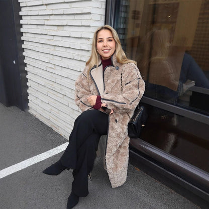 Women's Long Teddy Coat with Contrast Seams, Stand Collar and Button Placket EVA-US