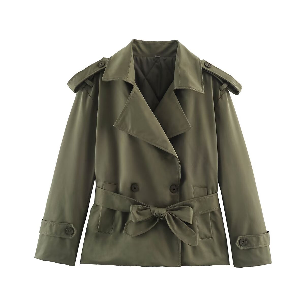 Women's Tailored Short Trench Coat with Tie Belt and Shoulder Patches EVA-US