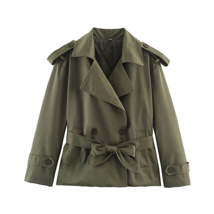 Women's Tailored Short Trench Coat with Tie Belt and Shoulder Patches EVA-US