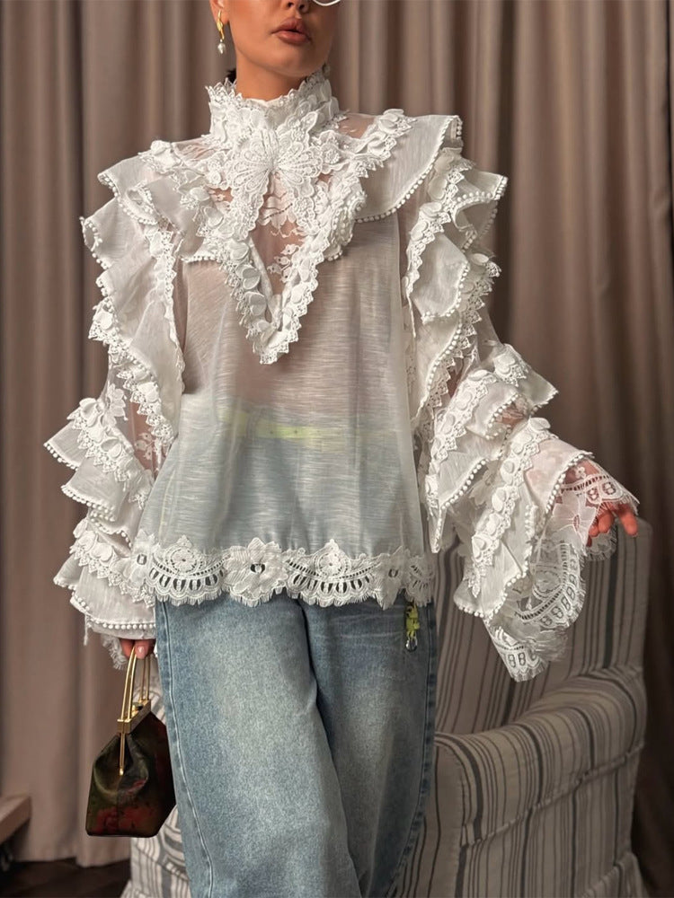 Women's Transparent Lace Blouse with Ruffle Sleeves and High Stand-Up Collar EVA-US