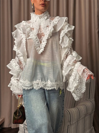 Women's Transparent Lace Blouse with Ruffle Sleeves and High Stand-Up Collar EVA-US